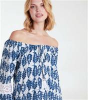 Women's Blue Leaf Print Bardot Mini Dress Blue Vanilla New Look