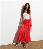 Women's Red Cotton Ruffle Wrap Midi Skirt New Look
