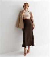Women's Dark Brown Satin Bias Cut Midi Skirt New Look