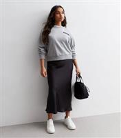Women's Petite Black Satin Bias Cut Midi Skirt New Look