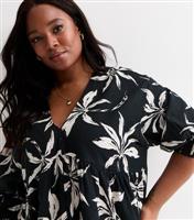 Women's Plus Size Black Cotton Palm Print Mini Smock Dress Curves New Look