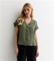 Women's Khaki Button Front Blouse New Look