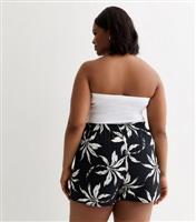 Women's Plus Size Black Palm Tree Print Elasticated-Waist Shorts Curves New Look