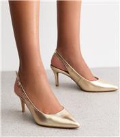 Women's Gold Faux Leather Pointed Slingback Stiletto Heel Court Shoes Vegan New Look