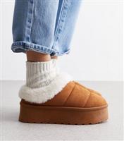 Women's Truffle Tan Faux Fur Trim Slipper Boots New Look