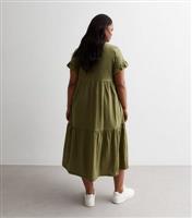 Women's Plus Size Khaki Cotton Tiered Midi Dress Curves New Look
