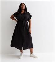 Women's Plus Size Black Short Sleeve Drawstring Midi Shirt Dress Curves New Look