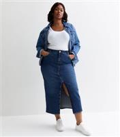 Women's Plus Size Blue Denim Midi Skirt Curves New Look