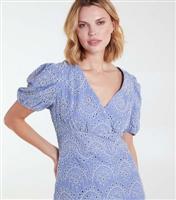 Women's Blue Cotton Broderie Puff Sleeve Midi Dress Blue Vanilla New Look