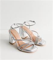 Women's Silver Multi Strap Diamant Block Heel Sandals Vegan New Look