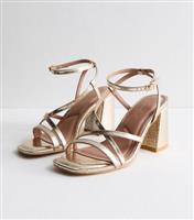 Women's Wide Fit Gold Faux Croc Multi Strap Block Heel Sandals New Look