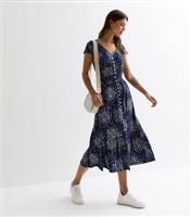 Women's Navy Animal Print Button Front Midi Dress Blue Vanilla New Look