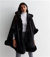 Women's Black Faux Fur Trim Hooded Cape Gini London New Look