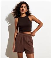 Women's Petite Brown Ribbed Crop Racer Vest New Look