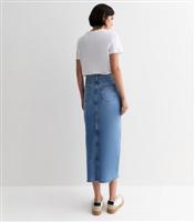 Women's Blue Denim Raw Hem Midi Skirt New Look