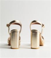 Women's Gold Metallic 2 Part Block Heel Sandals Vegan New Look