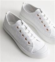 Women's White Broderie Lace Up Chunky Trainers New Look