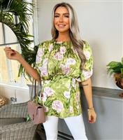 Women's Green Floral Satin Batwing Top AX Paris New Look