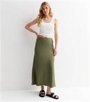Women's Olive Satin Bias Cut Midi Skirt New Look