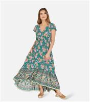 Women's Green Abstract Print Tiered Midi Dress Yumi New Look