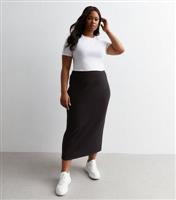 Women's Plus Size Black Ribbed Midi Skirt Curves New Look