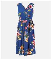 Women's Blue Floral Belted Wrap Mini Dress Mela New Look