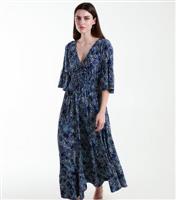 Women's Navy Abstract Print V Neck Midi Dress Blue Vanilla New Look