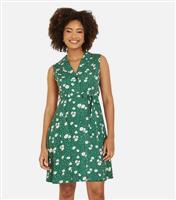 Women's Green Leopard and Floral Print Sleeveless Belted Mini Shirt Dress Mela New Look