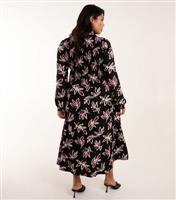 Women's Plus Size Black Floral Shirred Midi Shirt Dress Curves Blue Vanilla New Look