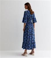 Women's Blue Leaf Print Shirred Midi Dress Blue Vanilla New Look