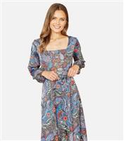 Women's Blue Paisley Print Belted Midi Dress Mela New Look