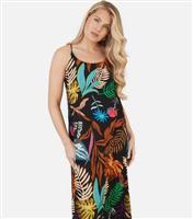 Women's Black Leaf Print Split Hem Midi Dress Mela New Look