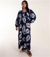 Women's Plus Size Navy Leaf Print Tie Neck Maxi Dress Curves Blue Vanilla New Look