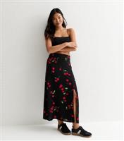 Women's Petite Black Cherry Print Split Hem Midi Skirt New Look