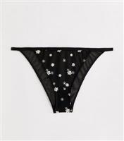 Women's Black Daisy Embroidered Tanga Briefs New Look