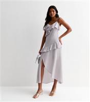 Women's Pale Grey Jacquard Strappy Ruffle Split Hem Midi Dress New Look
