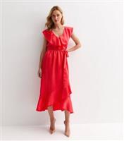 Women's Coral Sleeveless Belted Ruffle Midi Dress New Look