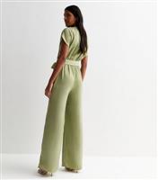 Women's Green Satin Short Sleeve Belted Wide Leg Jumpsuit New Look