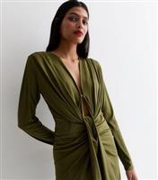 Women's Olive Plunge Long Sleeve Bodycon Midi Dress New Look