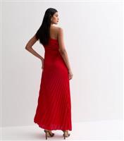 Women's Red Satin Pleated One Shoulder Cut Out Midi Dress New Look