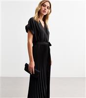 Women's Black Pleated Skirt Satin Midi Dress New Look
