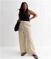 Women's Plus Size Black Cotton Linen Stripe Print Wide Leg Trousers Curves New Look