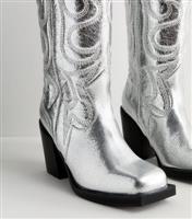 Women's Public Desire Silver Block Heel Cowboy Boots New Look