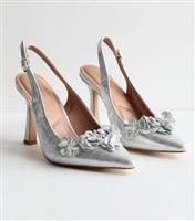 Women's Silver Shimmer Corsage Flared Heel Court Shoes Vegan New Look