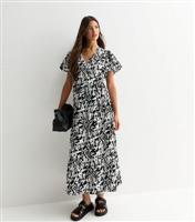 Women's Black Abstract Print Puff Sleeve Wrap Midi Dress New Look