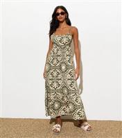 Women's Green Tile-Print Strappy Midi Dress New Look