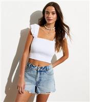 Women's White Cotton Embroidered Ruffle-Trim Shirred Crop Top New Look