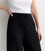 Women's Black Ribbed Drawstring Wide Leg Crop Trousers New Look