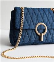 Blue Quilted Denim Ring Front Cross Body Bag New Look