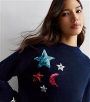 Women's Navy Sequin Star Knit Jumper Sunshine Soul New Look